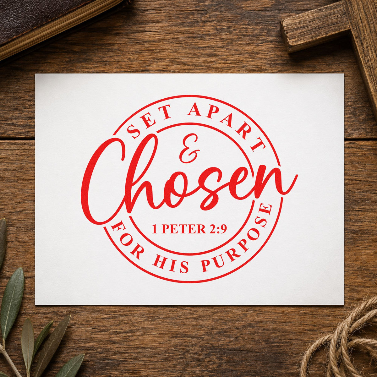 Chosen for His Purpose rubber stamp shown in red ink, stamped for projects such as bible study handouts.