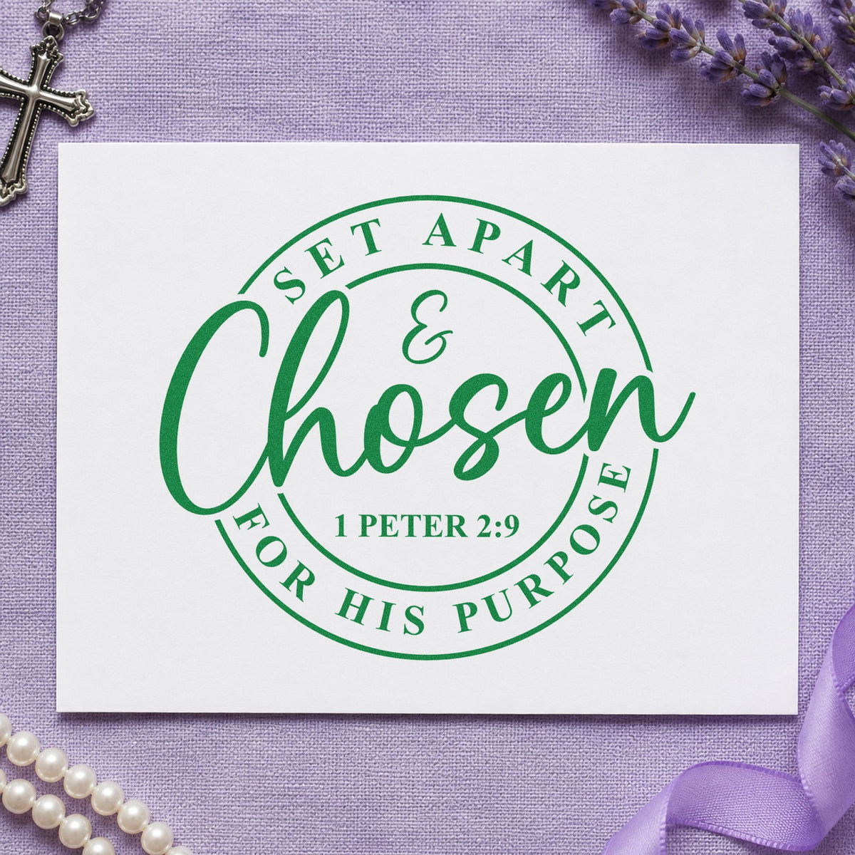 Chosen for His Purpose craft stamp imprint in green ink on a handmade project, one idea being framed wall art.