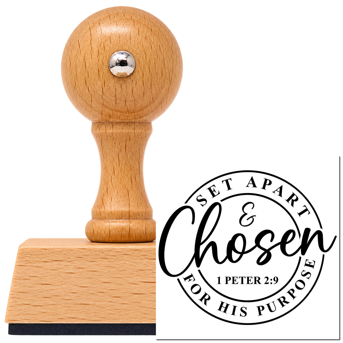 Vintage Pro beech wood stamp with a round knob handle, shown with its black Chosen Script With Ampersand Border imprint on white.