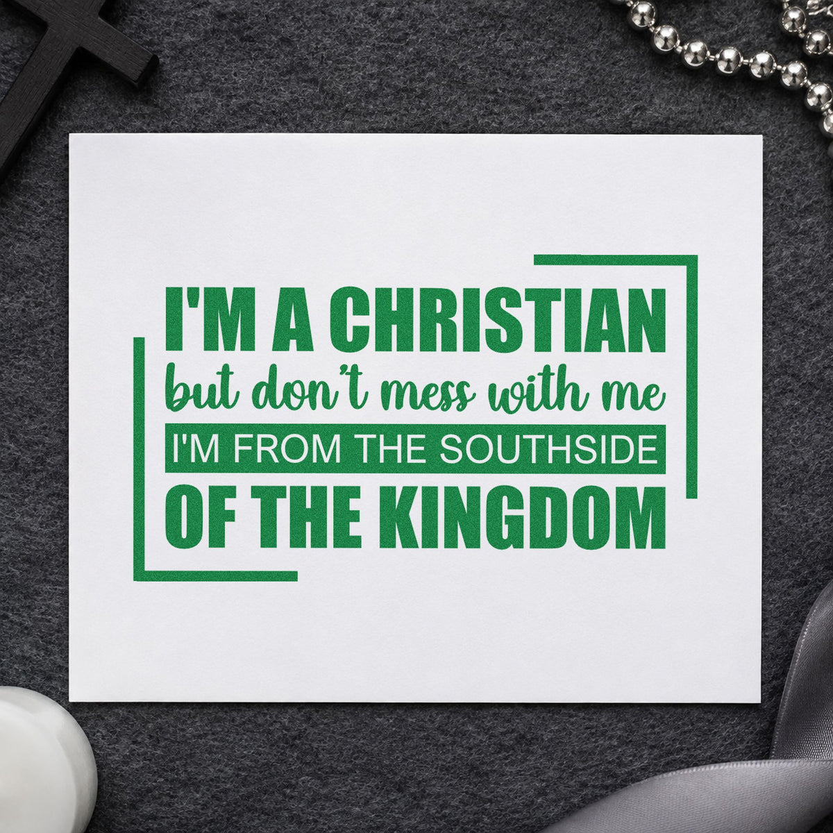 Christian from the Southside craft stamp imprint in green ink on a handmade project, one idea being journal page headers.