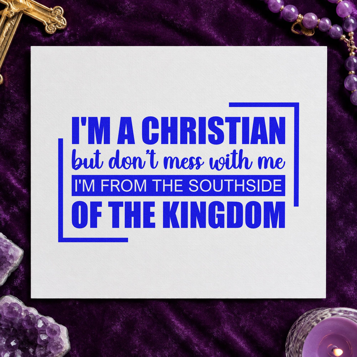 Christian from the Southside craft stamp in blue ink on cardstock, an easy option for kraft gift bags.