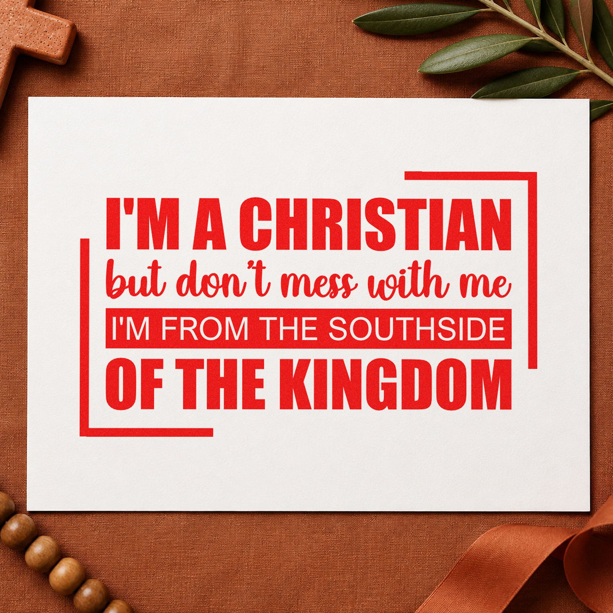 Christian from the Southside rubber stamp shown in red ink, stamped for projects such as retreat swag tags.