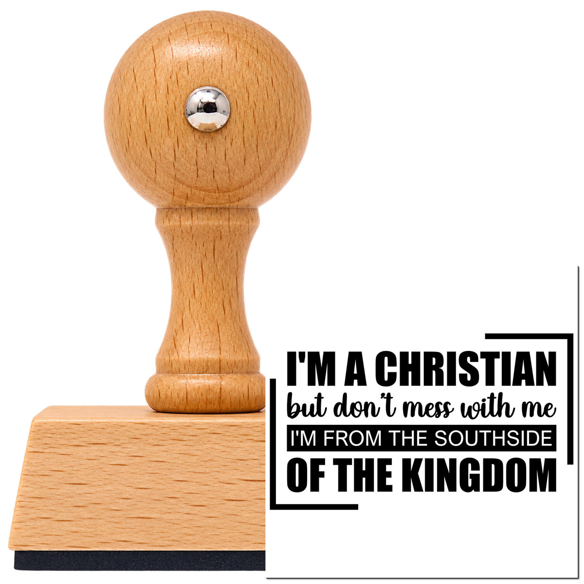 Vintage Pro beech wood stamp with a round knob handle, shown with its black Christian From The Southside imprint on white.