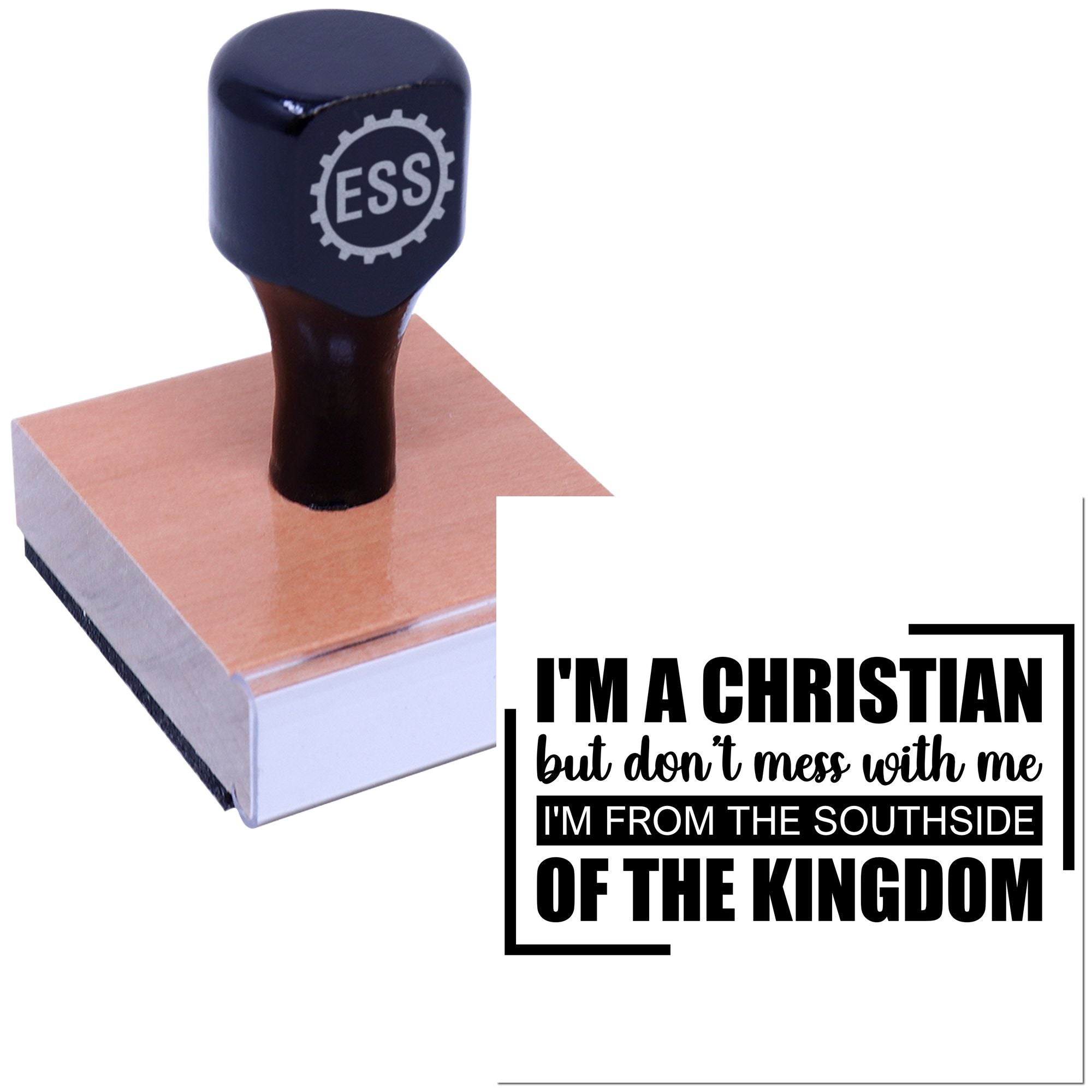 Black ESS custom stamp and seal on wooden block with Christian slogan, on a white background.