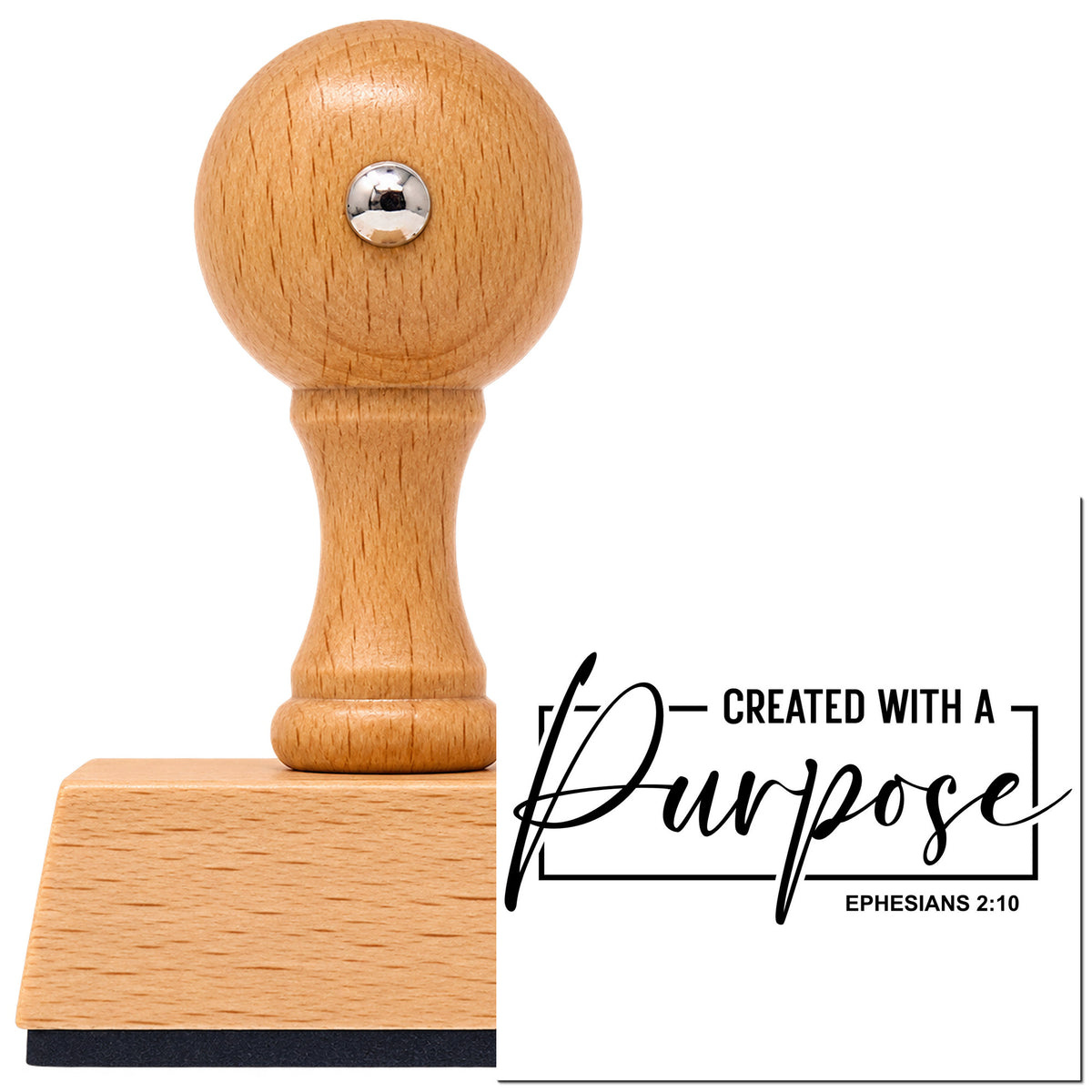 Vintage Pro beech wood stamp with a round knob handle, shown with its black Created With A Purpose Frame imprint on white.