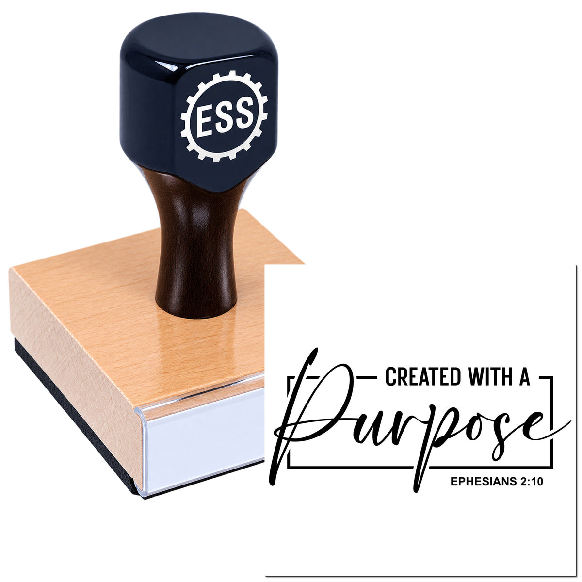 Black ESS stamp with gear logo on a pink seal block, beside "Created with a Purpose" and Ephesians 2:10 text.