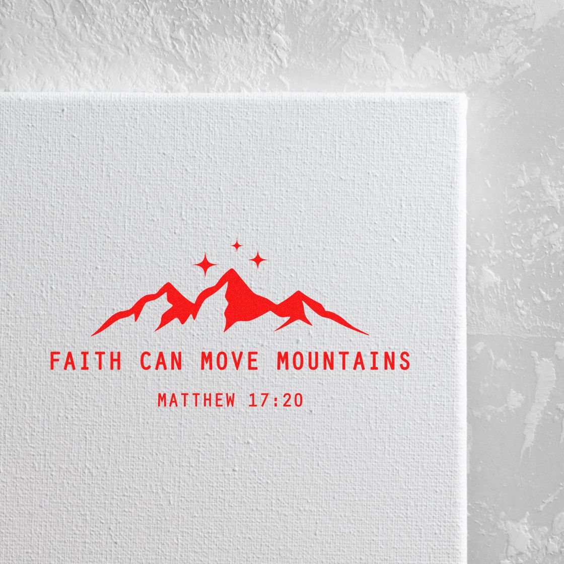Red faith-can-move-mountains Matthew 17:20 stamp and seal with mountain graphic on white textured canvas