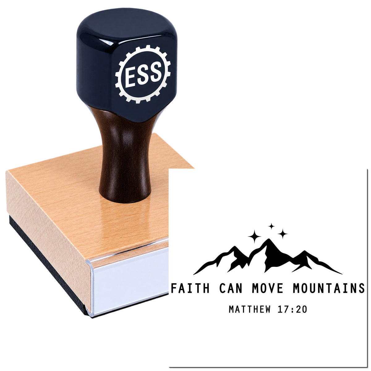Black ESS rubber stamp on a light wood base, with mountain seal and "Faith Can Move Mountains" Matthew 17:20.