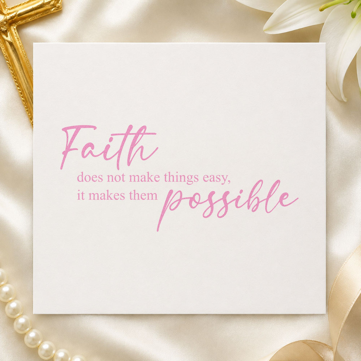 Faith Makes It Possible craft stamp in purple ink on cardstock, an easy option for rehab milestone notes.