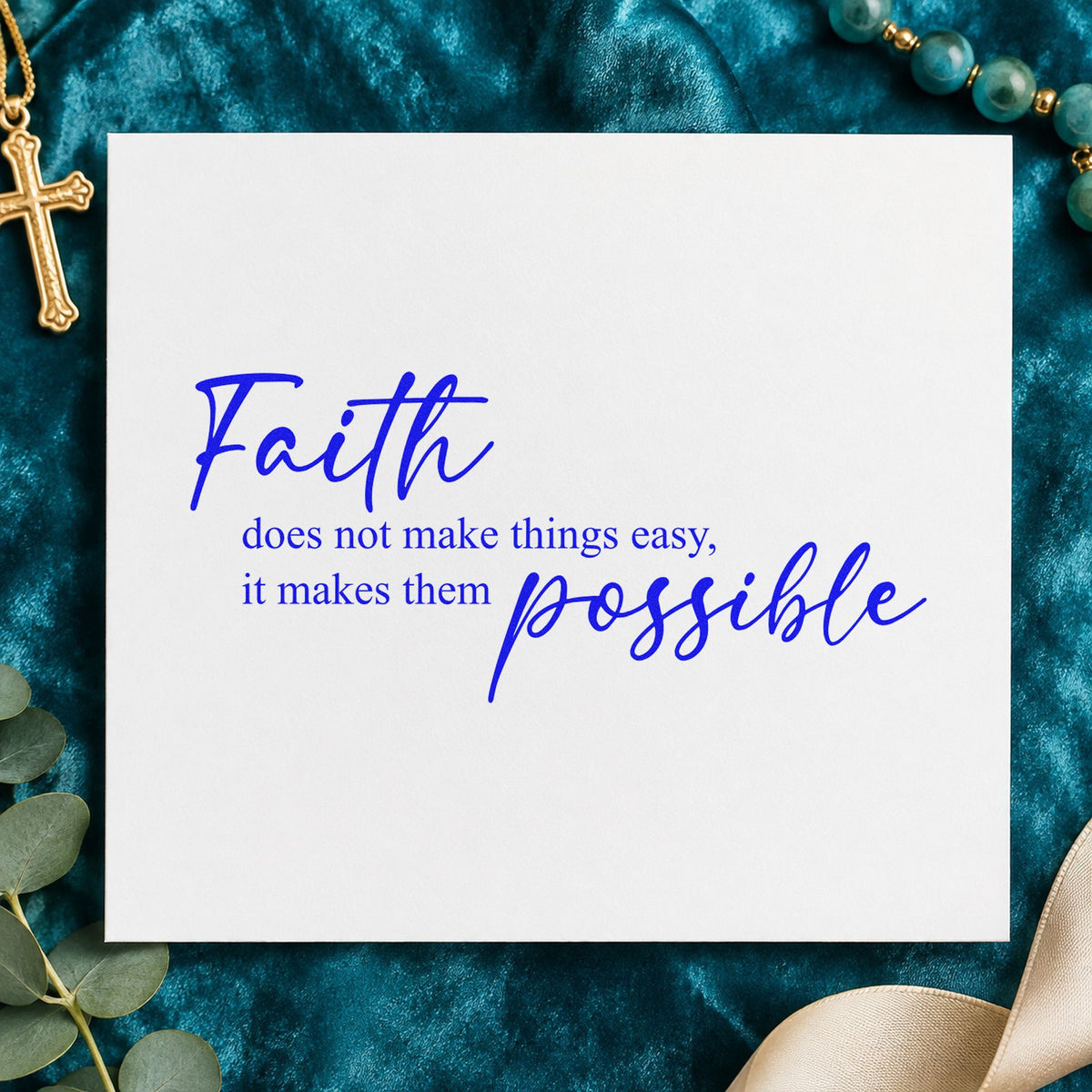 Faith Makes It Possible craft stamp in blue ink on cardstock, an easy option for canvas totes.