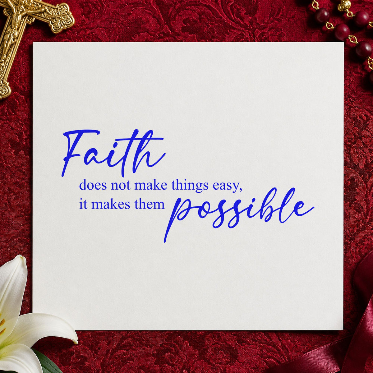 Faith Makes It Possible craft stamp imprinted in blue ink on paper, a design suited to athlete training logs.