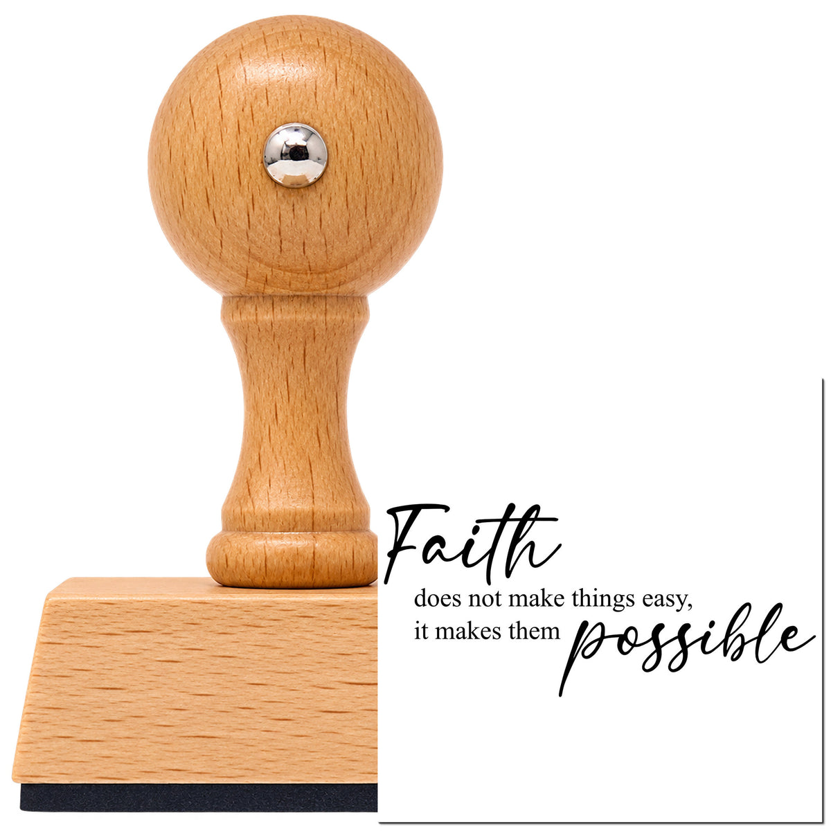 Vintage Pro beech wood stamp with a round knob handle, shown with its black Faith Makes Things Possible Script imprint on white.