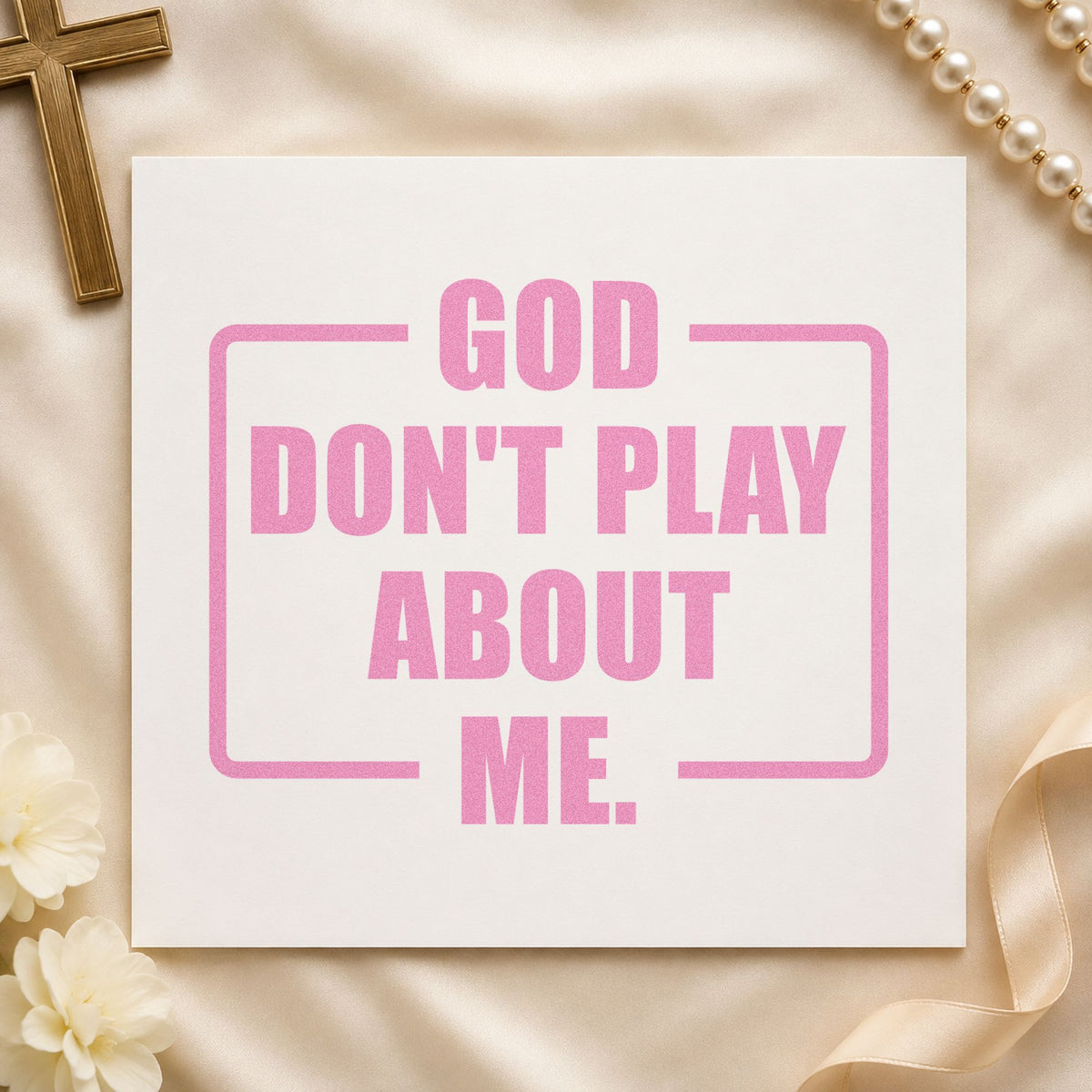 God Don't Play About Me craft stamp in purple ink on cardstock, an easy option for birthday gift tags.