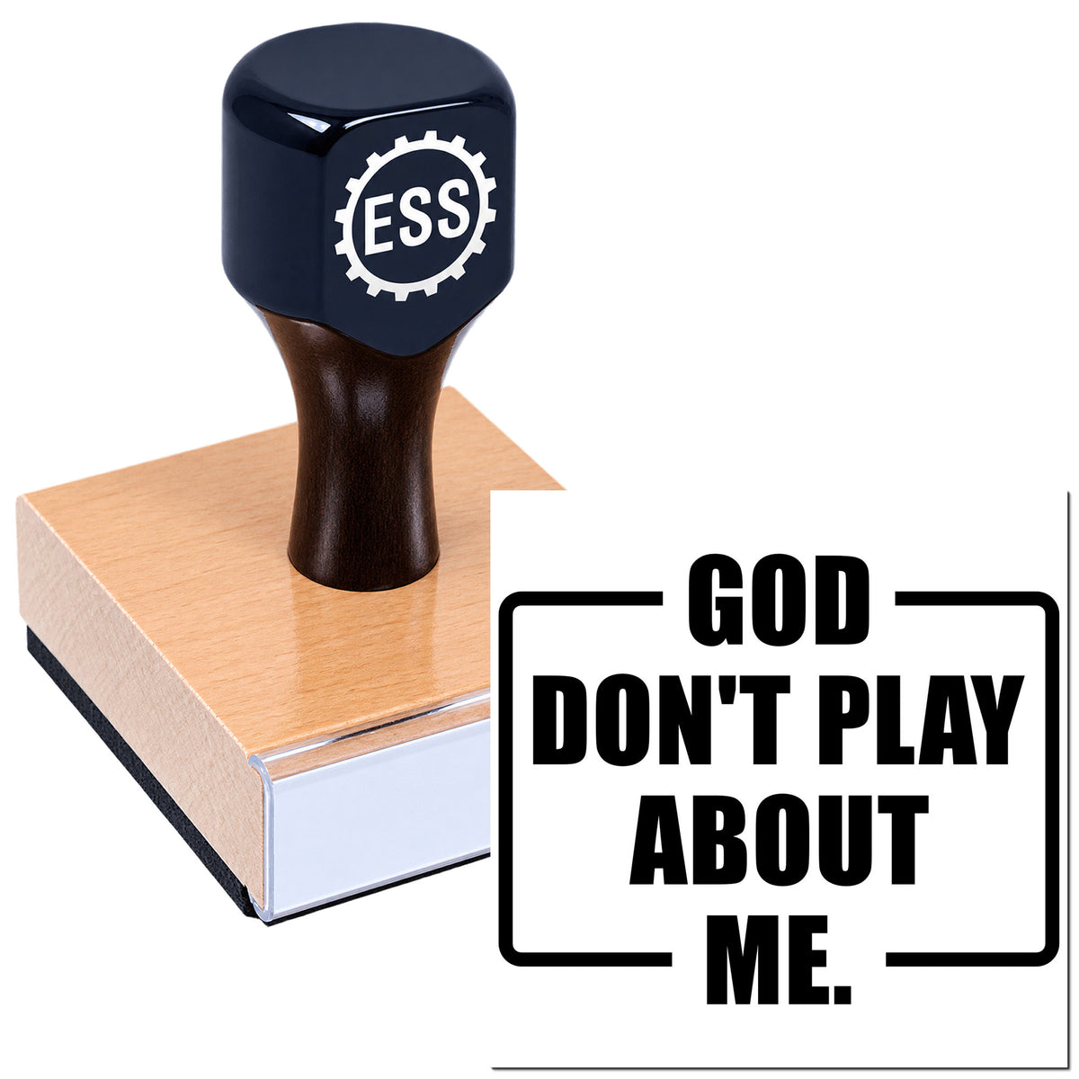 Dark blue ESS stamp and seal on a pink block with bold black text, "GOD DON'T PLAY ABOUT ME."