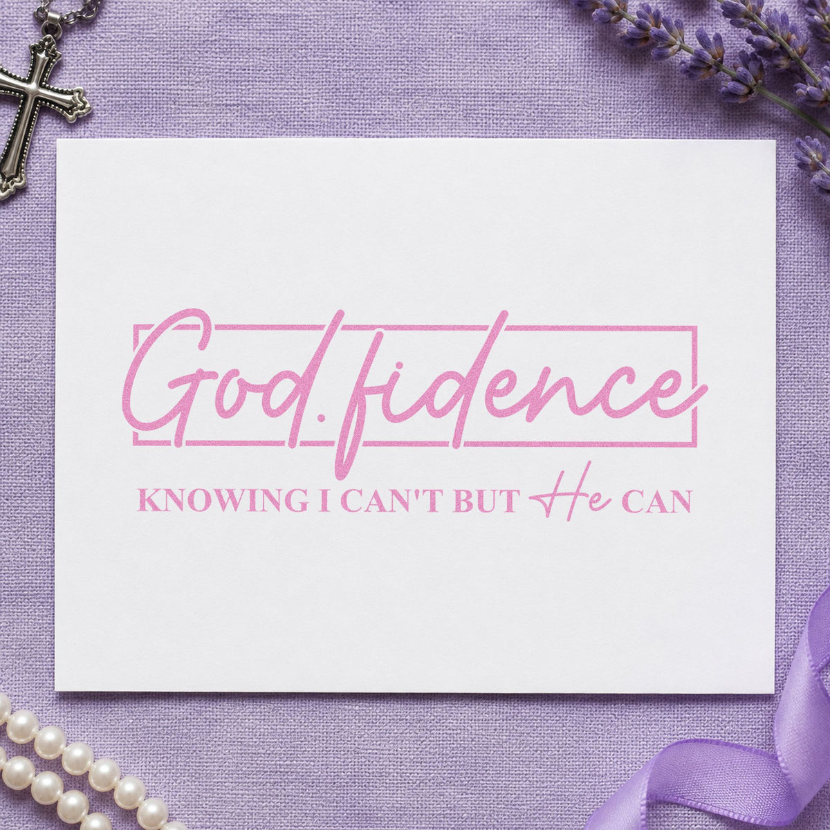 Godfidence Script Frame craft stamp in purple ink on cardstock, an easy option for interview day notes.