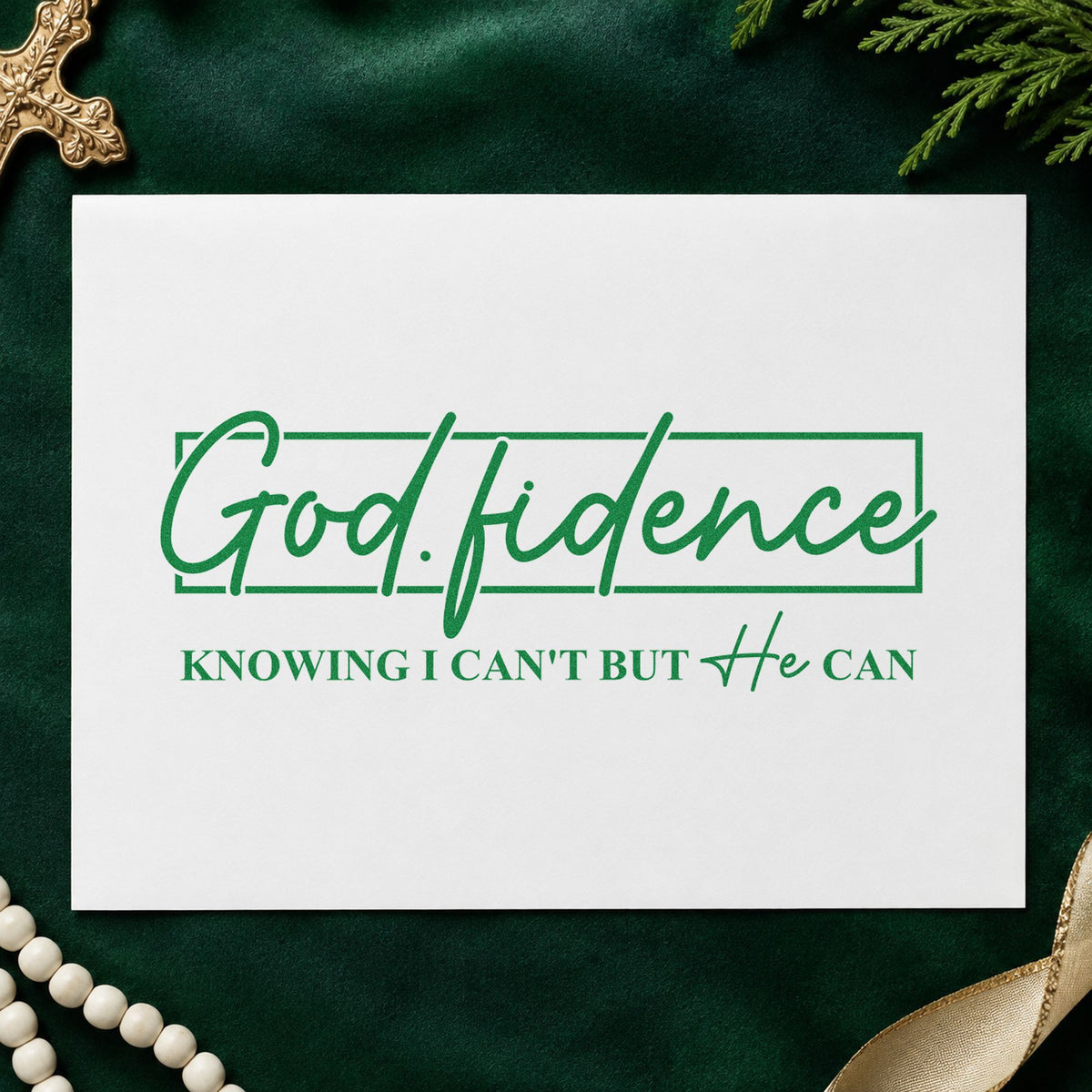Godfidence Script Frame craft stamp imprint in green ink on a handmade project, one idea being recital bag tags.