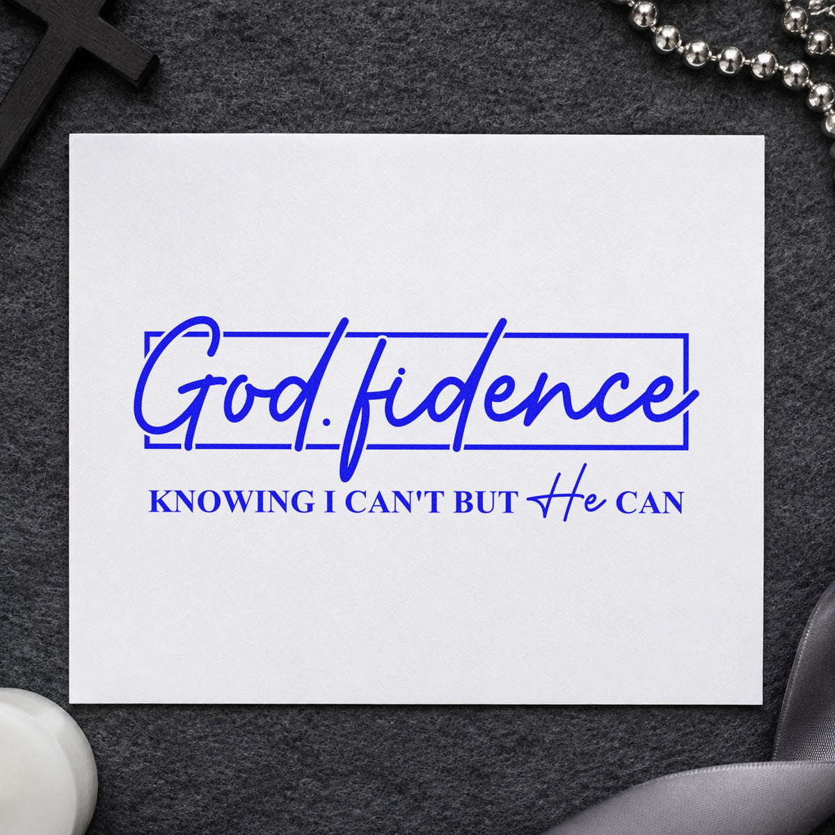 Godfidence Script Frame craft stamp in blue ink on cardstock, an easy option for youth group tees.