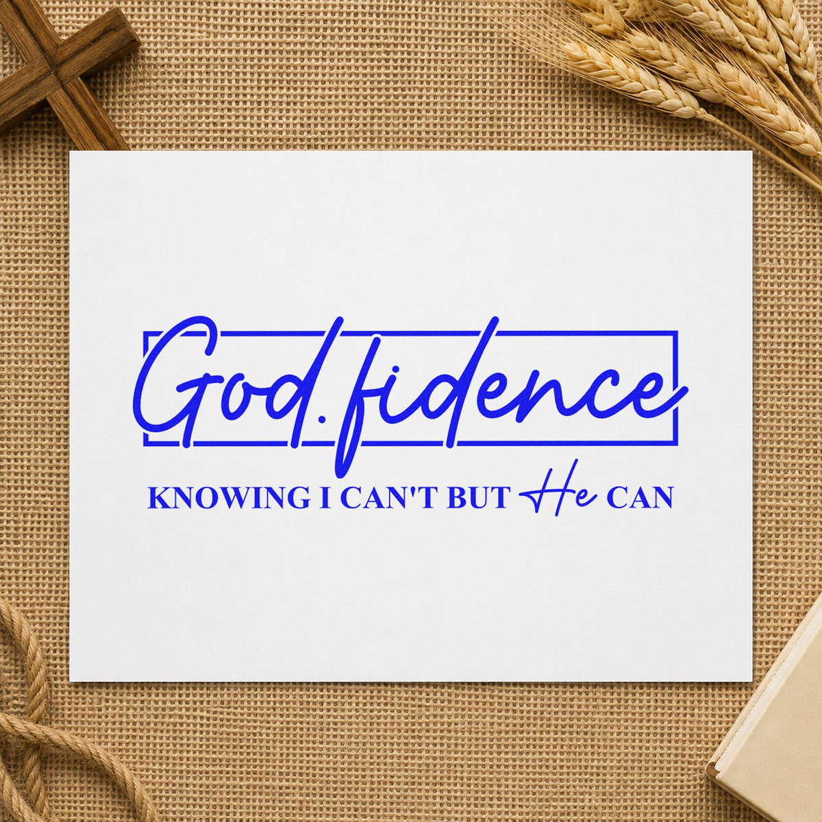 Godfidence Script Frame craft stamp imprinted in blue ink on paper, a design suited to mirror clings.