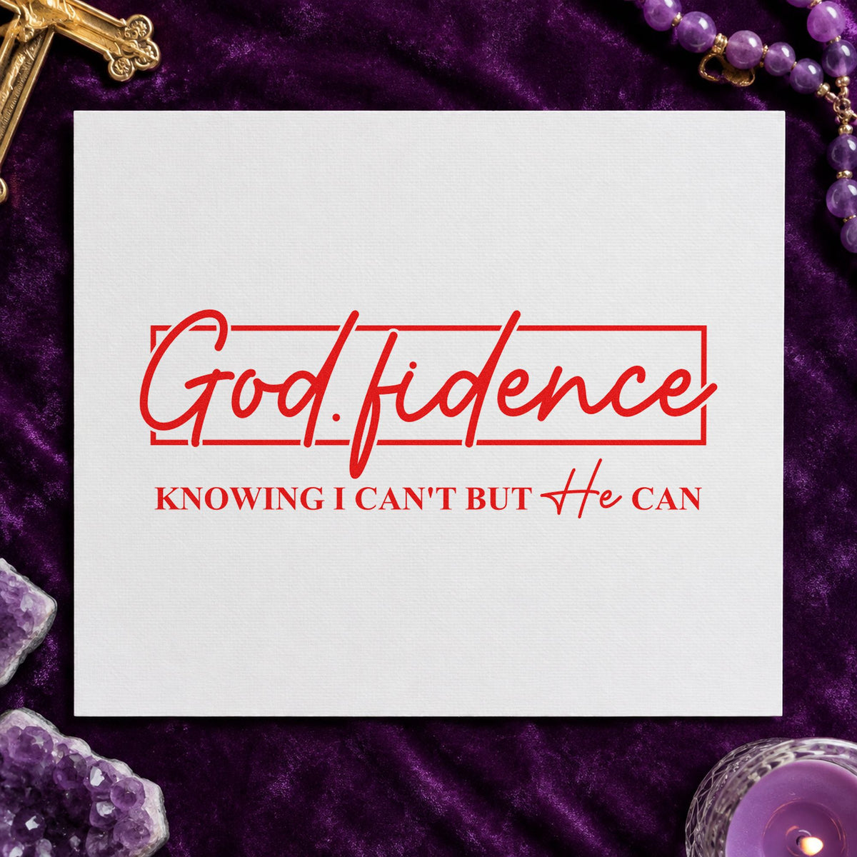 Godfidence Script Frame rubber stamp shown in red ink, stamped for projects such as graduation tags.