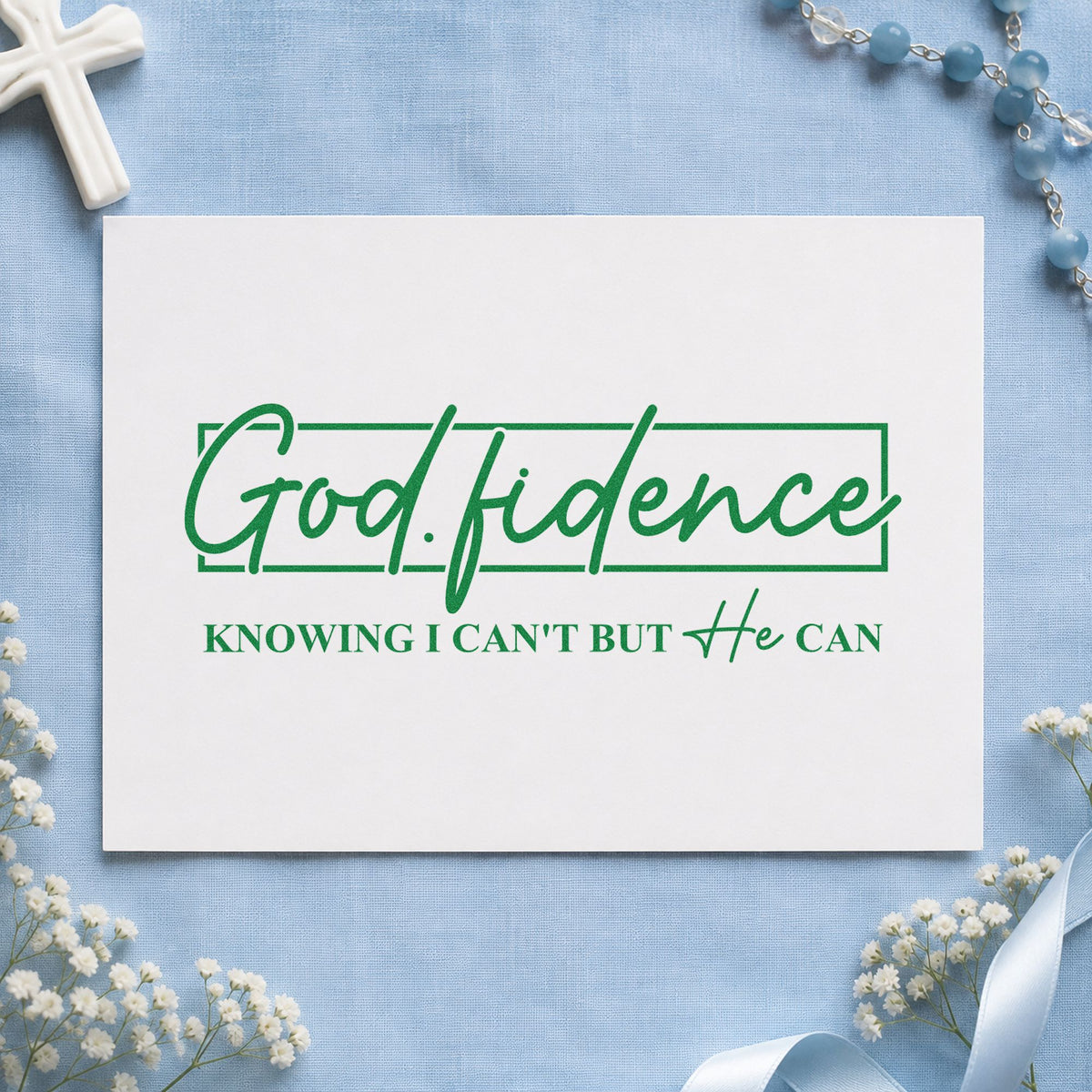 Godfidence Script Frame craft stamp imprint in green ink on a handmade project, one idea being planner goal pages.