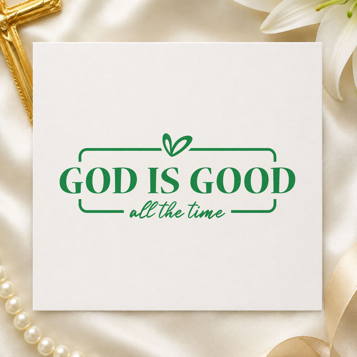 God Is Good craft stamp imprint in green ink on a handmade project, one idea being potluck tent cards.