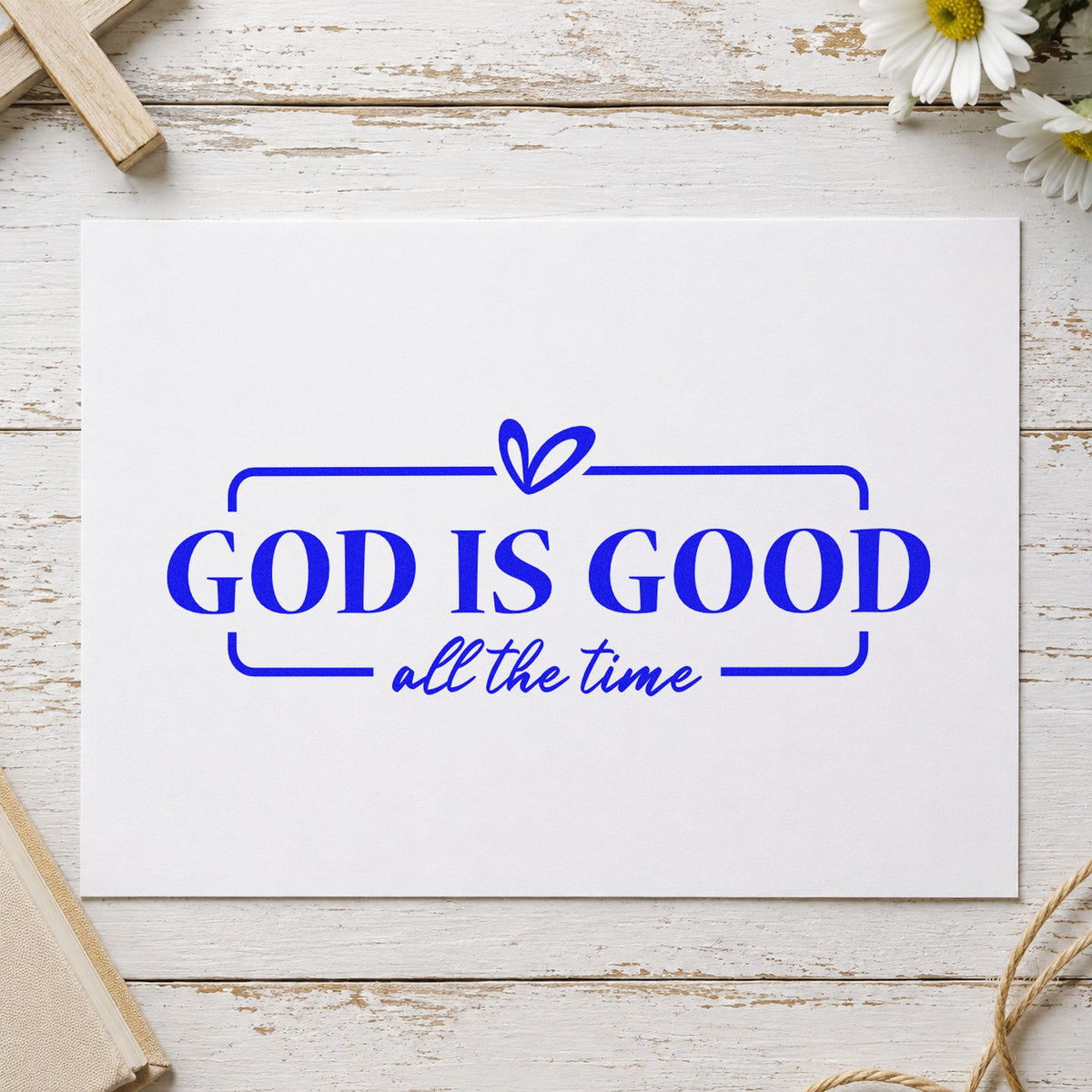 God Is Good craft stamp in blue ink on cardstock, an easy option for canvas totes.
