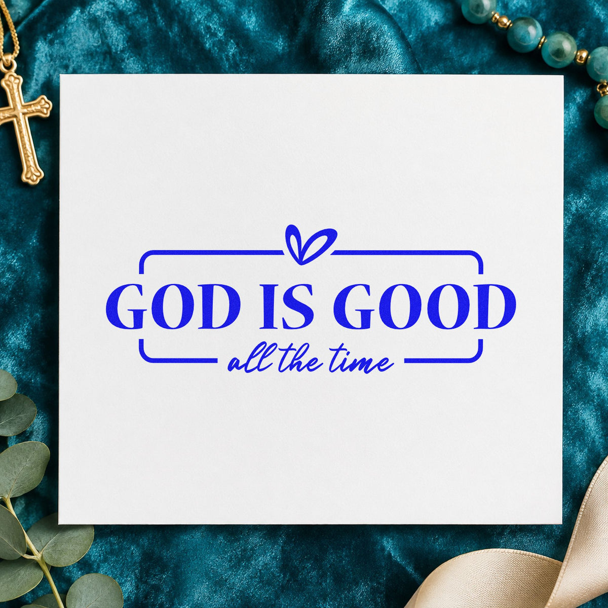 God Is Good craft stamp imprinted in blue ink on paper, a design suited to gratitude jar tags.