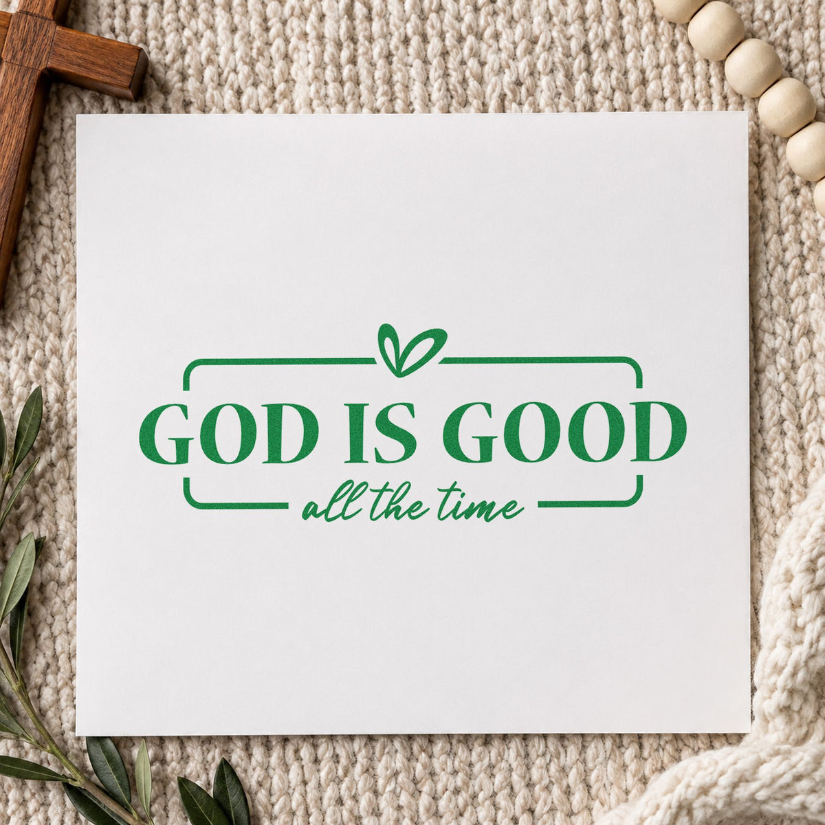 God Is Good craft stamp imprint in green ink on a handmade project, one idea being framed kitchen art.