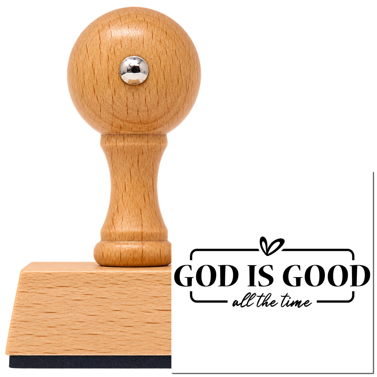 Vintage Pro beech wood stamp with a round knob handle, shown with its black God Is Good With Hearts imprint on white.
