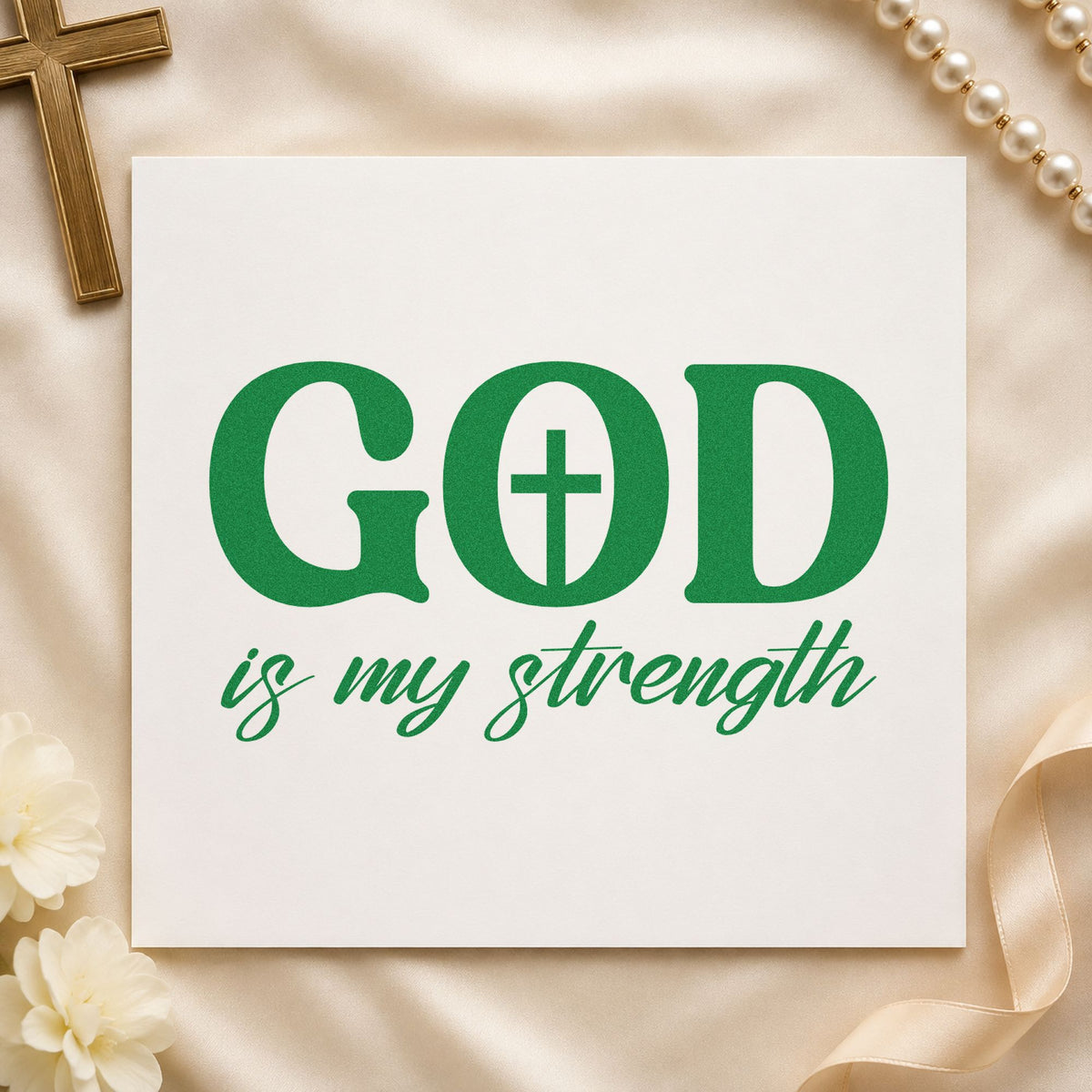 God Is My Strength craft stamp imprint in green ink on a handmade project, one idea being gym bag tags.