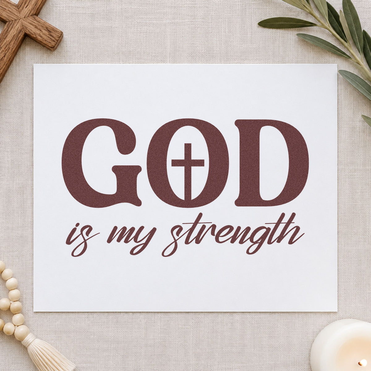 God Is My Strength rubber stamp printed in brown ink, ready for recovery photo pages and similar paper crafts.