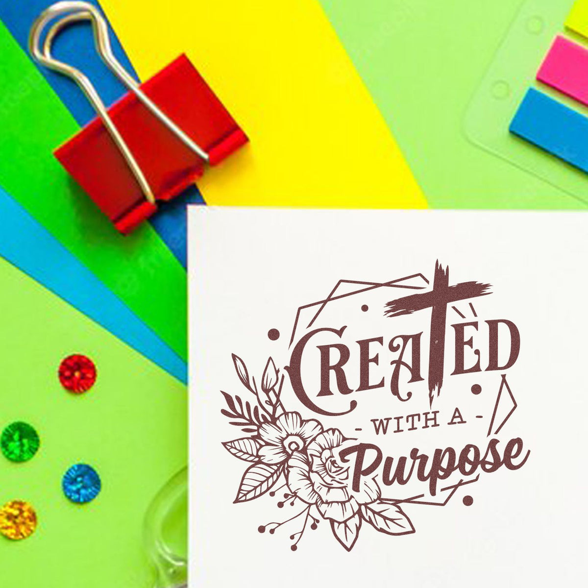 Created with a Purpose Floral rubber stamp shown in brown ink, stamped for projects such as graduation gift tags.