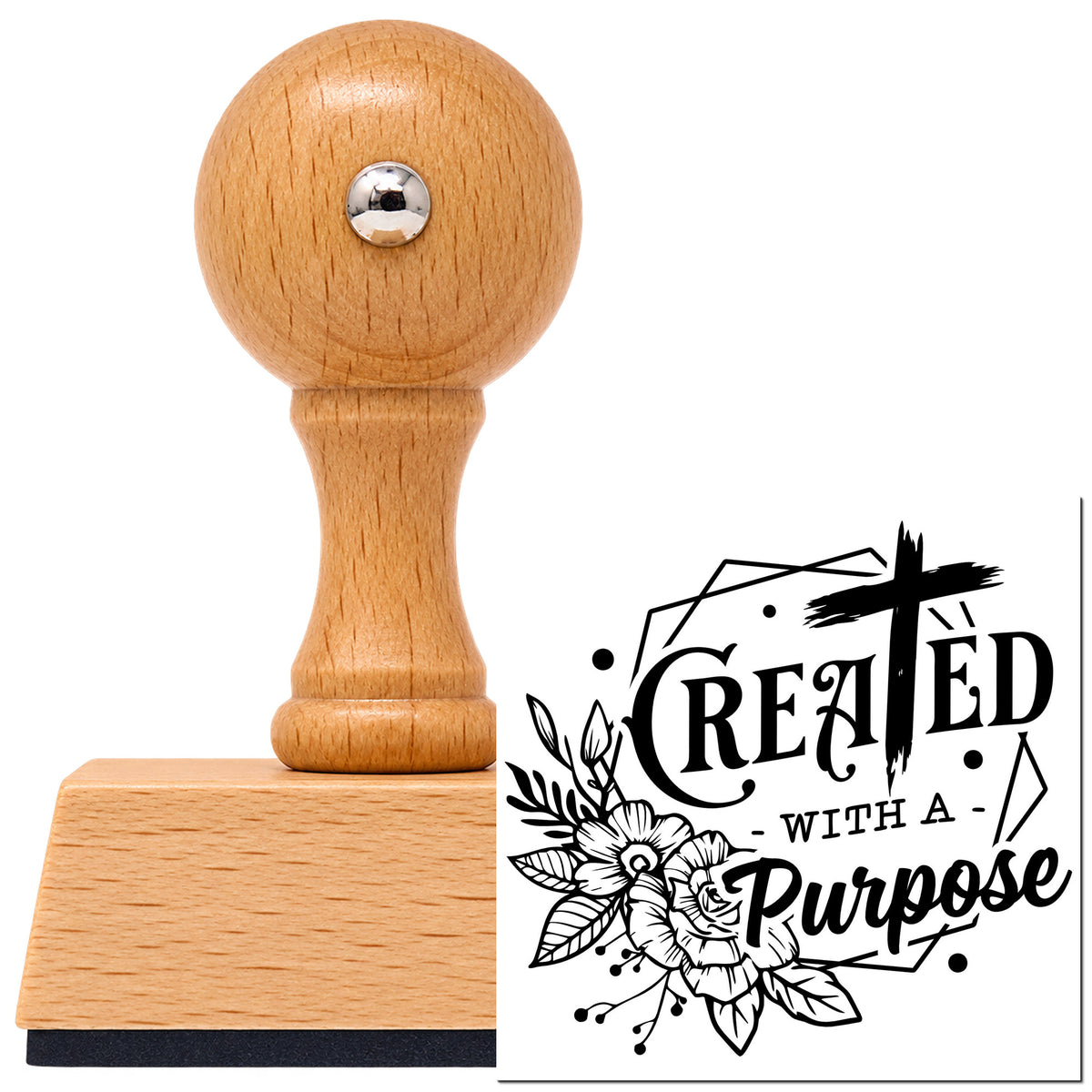 Vintage Pro beech wood stamp with a round knob handle, shown with its black Created With A Purpose Brushstroke Cross imprint on white.