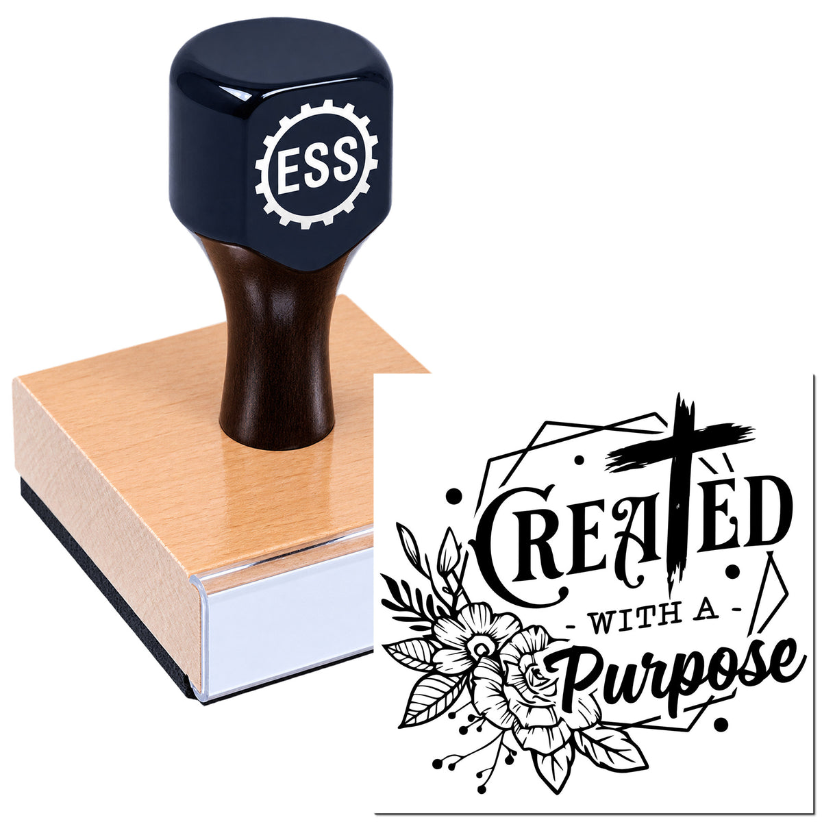 Dark blue ESSE seal stamp on a wooden block beside a black "Created with a Purpose" stamp design.