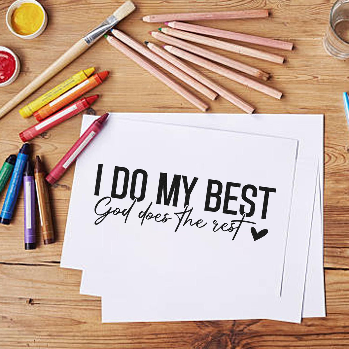 Custom stamp and seal design with black I Do My Best, God Does the Rest text, heart, and colorful art supplies.