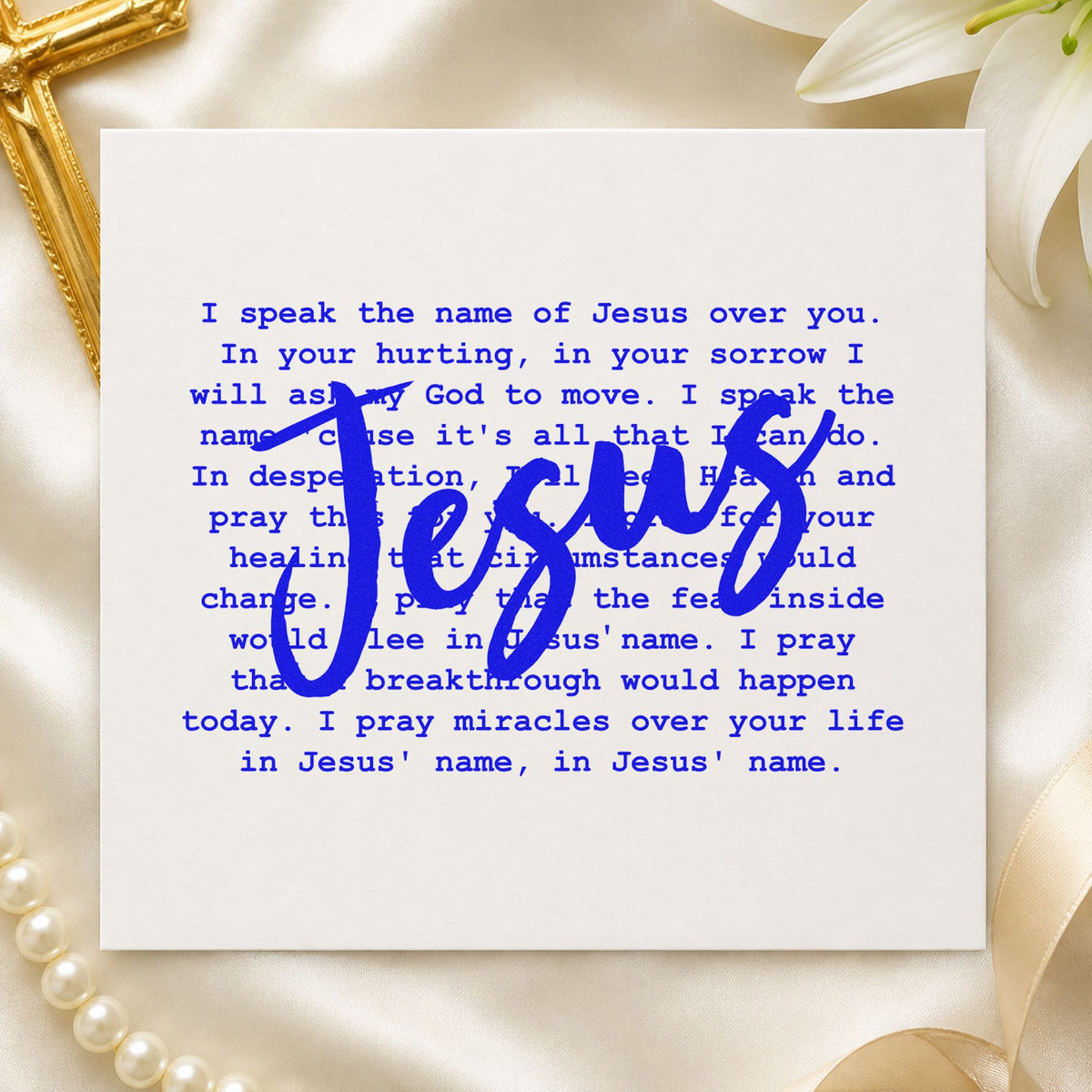 I Speak Jesus craft stamp in blue ink on cardstock, an easy option for comfort blanket tags.