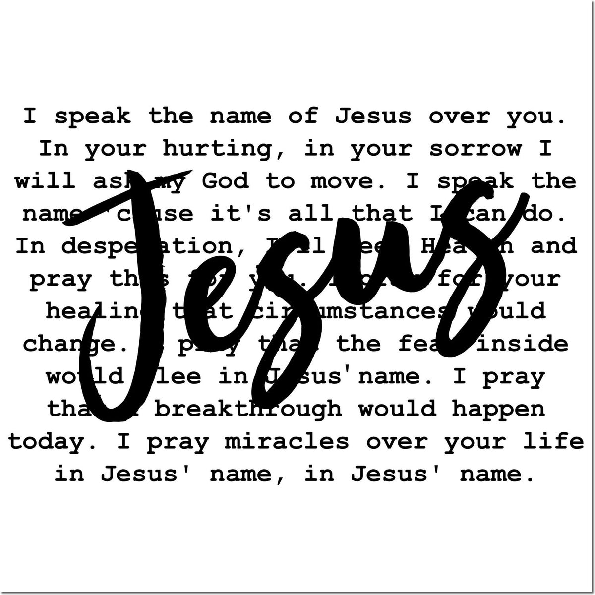 Bold black Jesus stamp seal over a white page with printed prayer text.