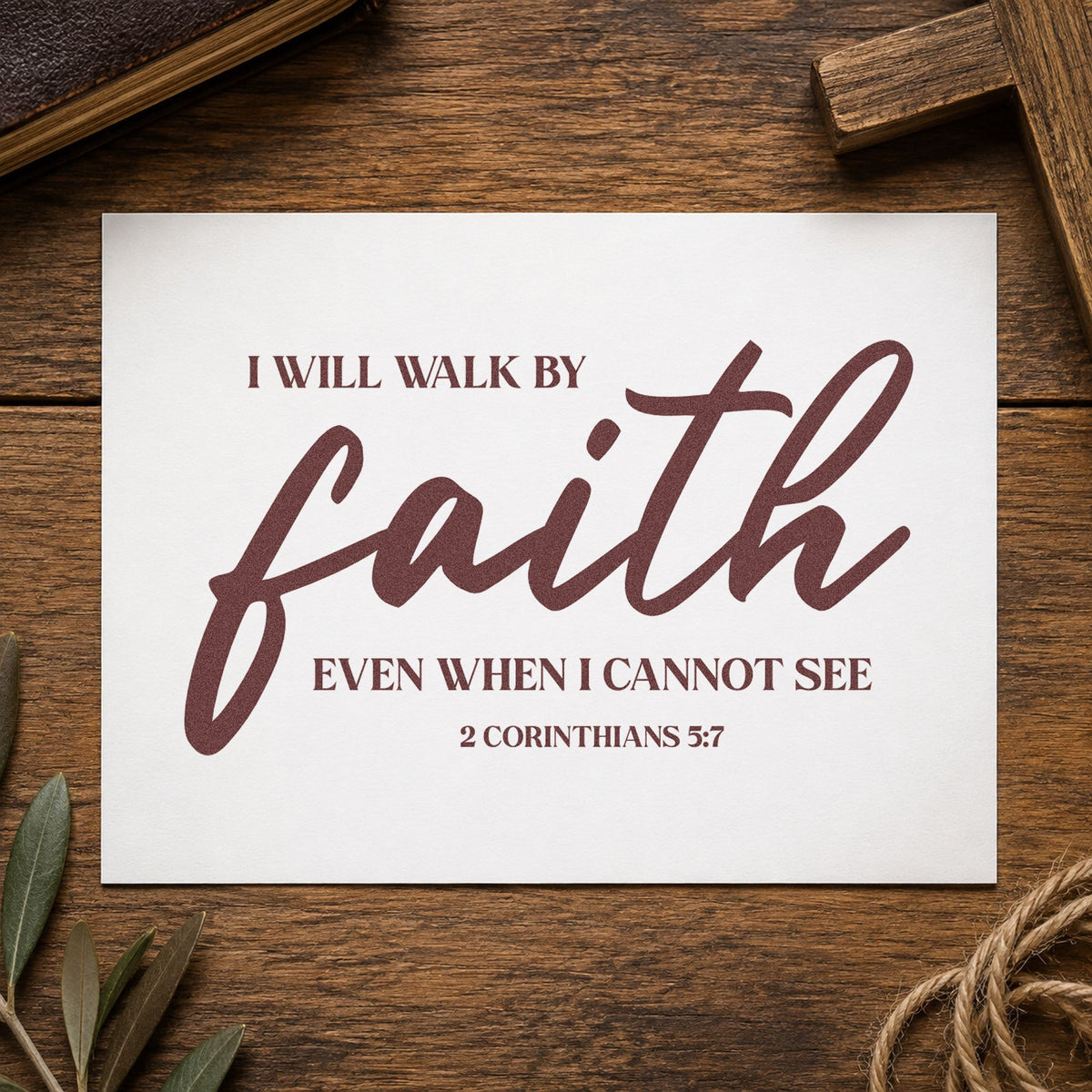 Walk by Faith rubber stamp printed in brown ink, ready for leap year scrapbooks and similar paper crafts.
