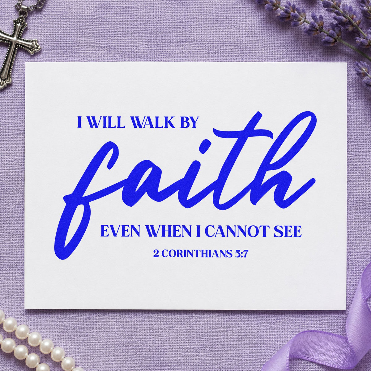 Walk by Faith craft stamp in blue ink on cardstock, an easy option for canvas totes.