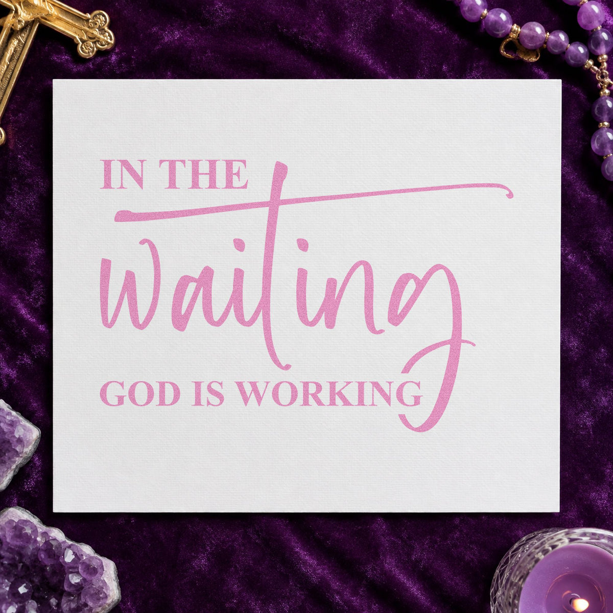 In the Waiting craft stamp in purple ink on cardstock, an easy option for fertility journey notes.
