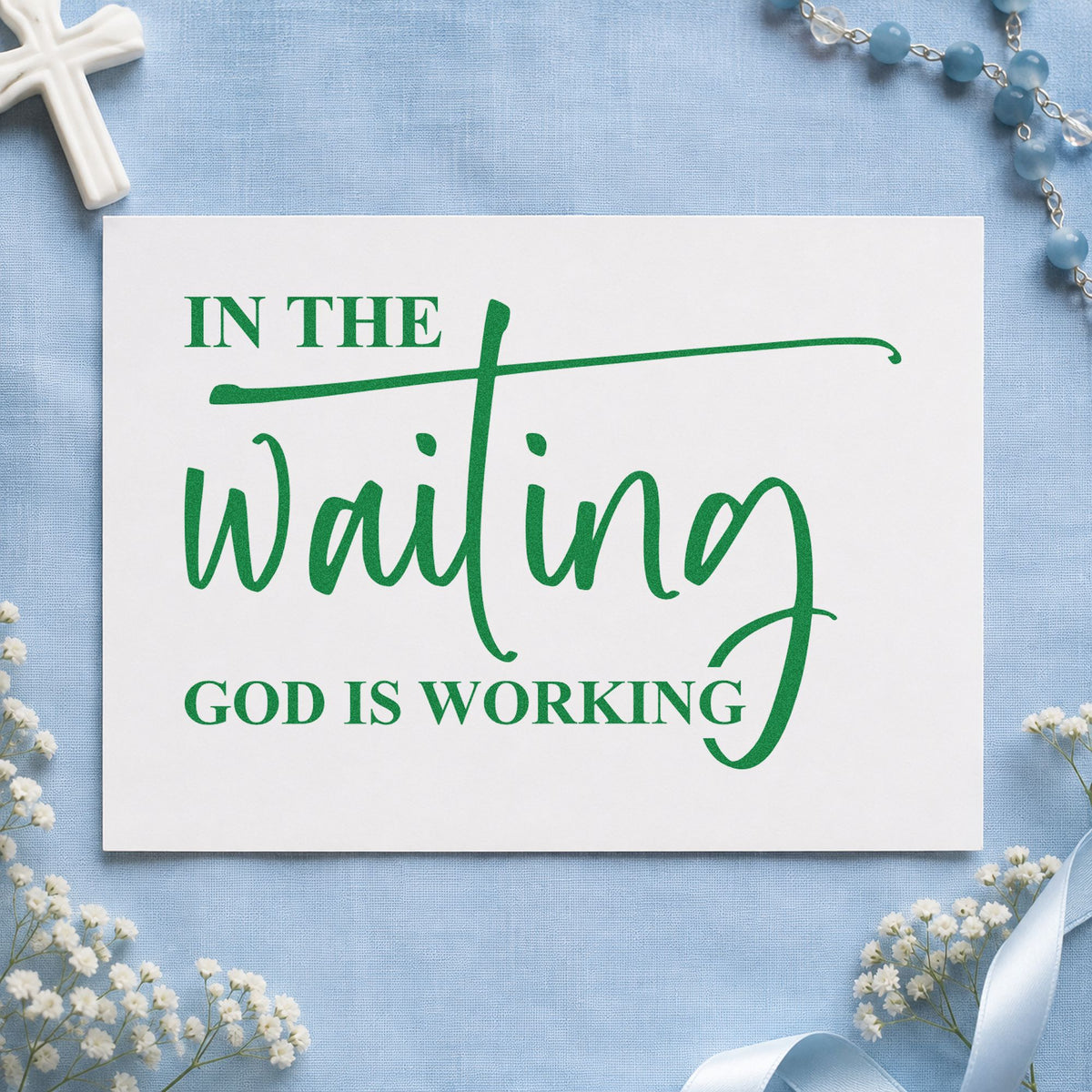 In the Waiting craft stamp imprint in green ink on a handmade project, one idea being job search gifts.