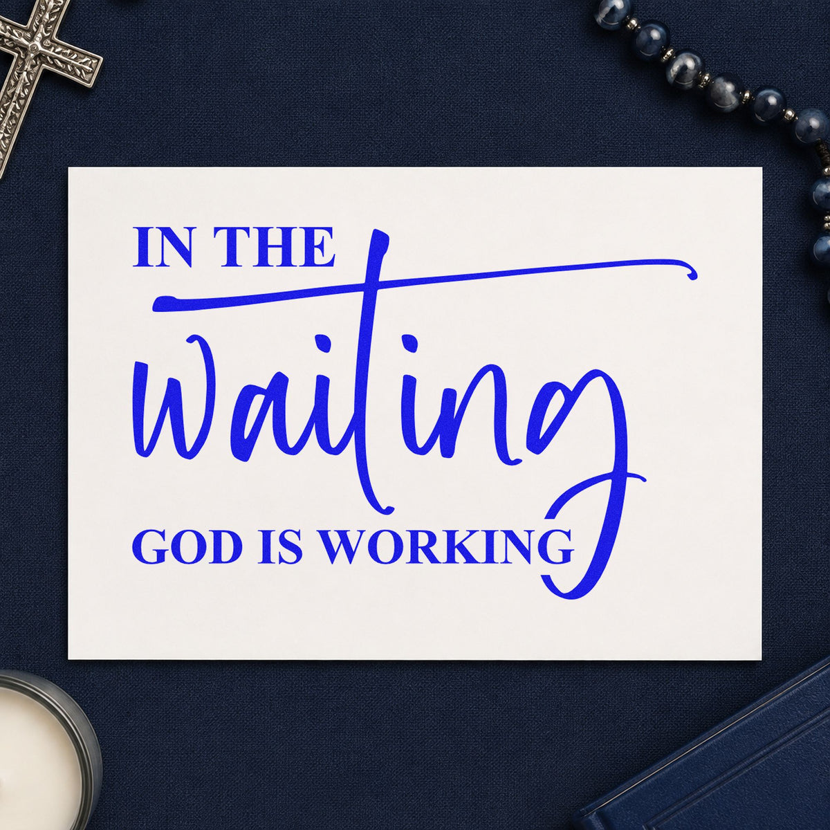 In the Waiting craft stamp in blue ink on cardstock, an easy option for advent devotional covers.