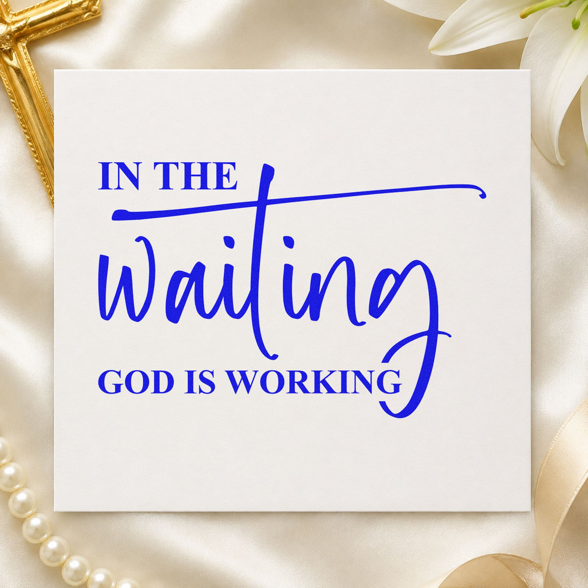 In the Waiting craft stamp imprinted in blue ink on paper, a design suited to medical waiting notes.