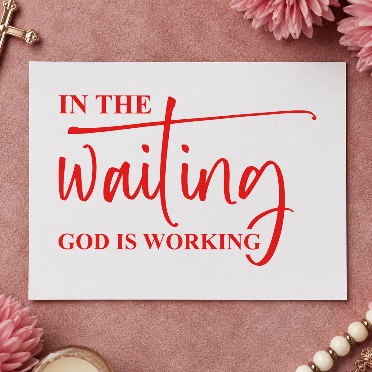 In the Waiting rubber stamp shown in red ink, stamped for projects such as prayer journal covers.