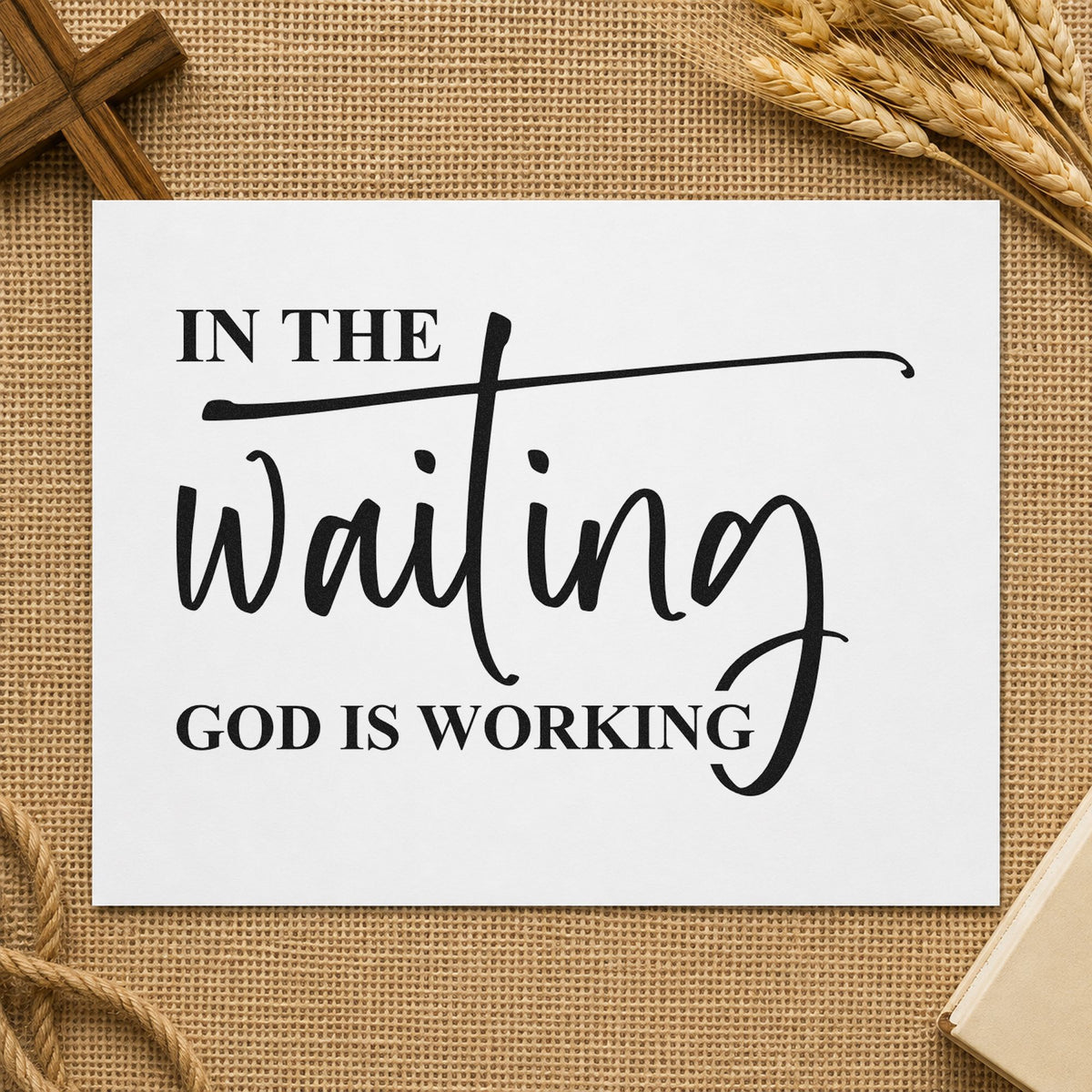 In the Waiting rubber stamp printed in black ink, ready for waiting cards and similar paper crafts.