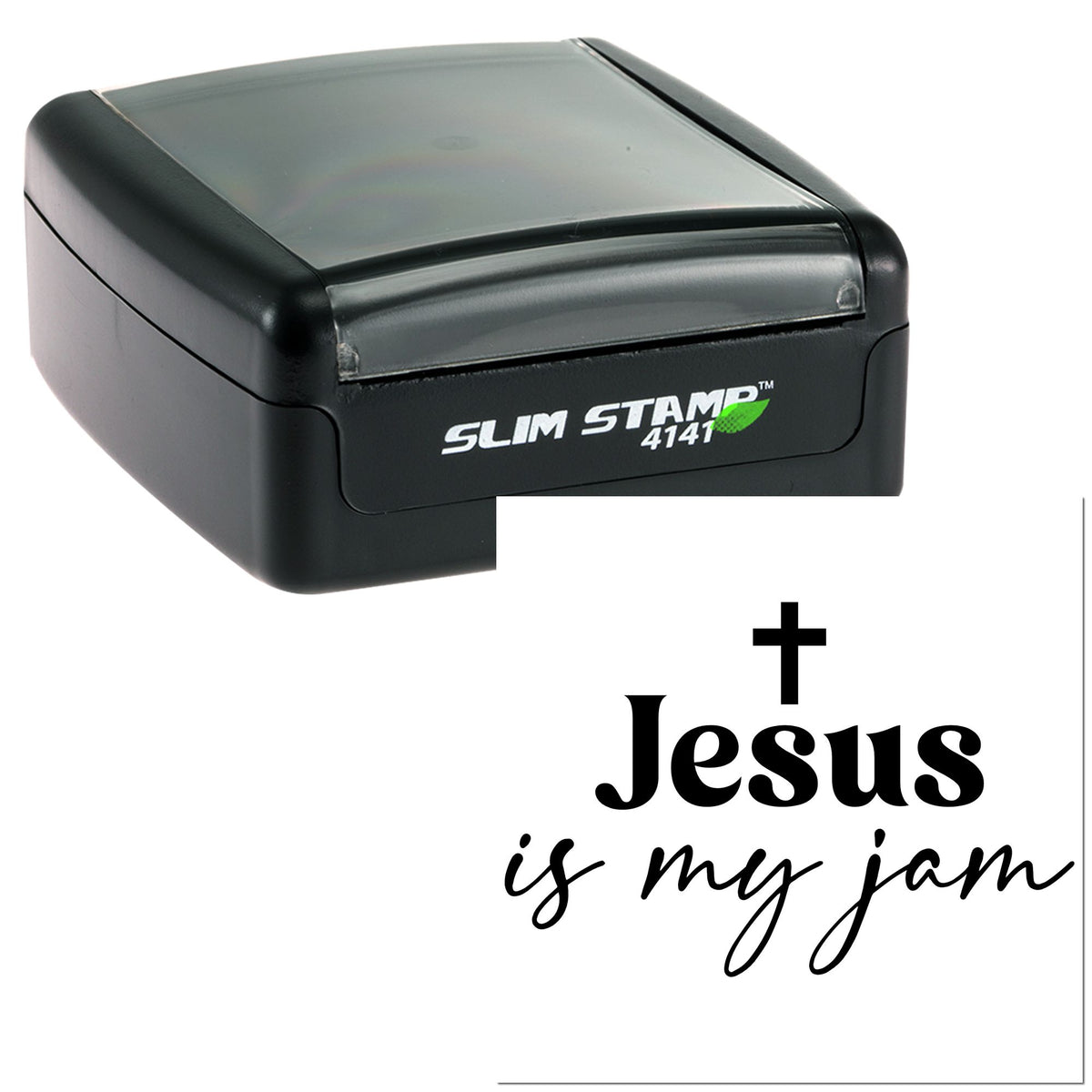 Black Slim Stamp self-inking stamp and seal set with clear top, plus Jesus is my jam design.