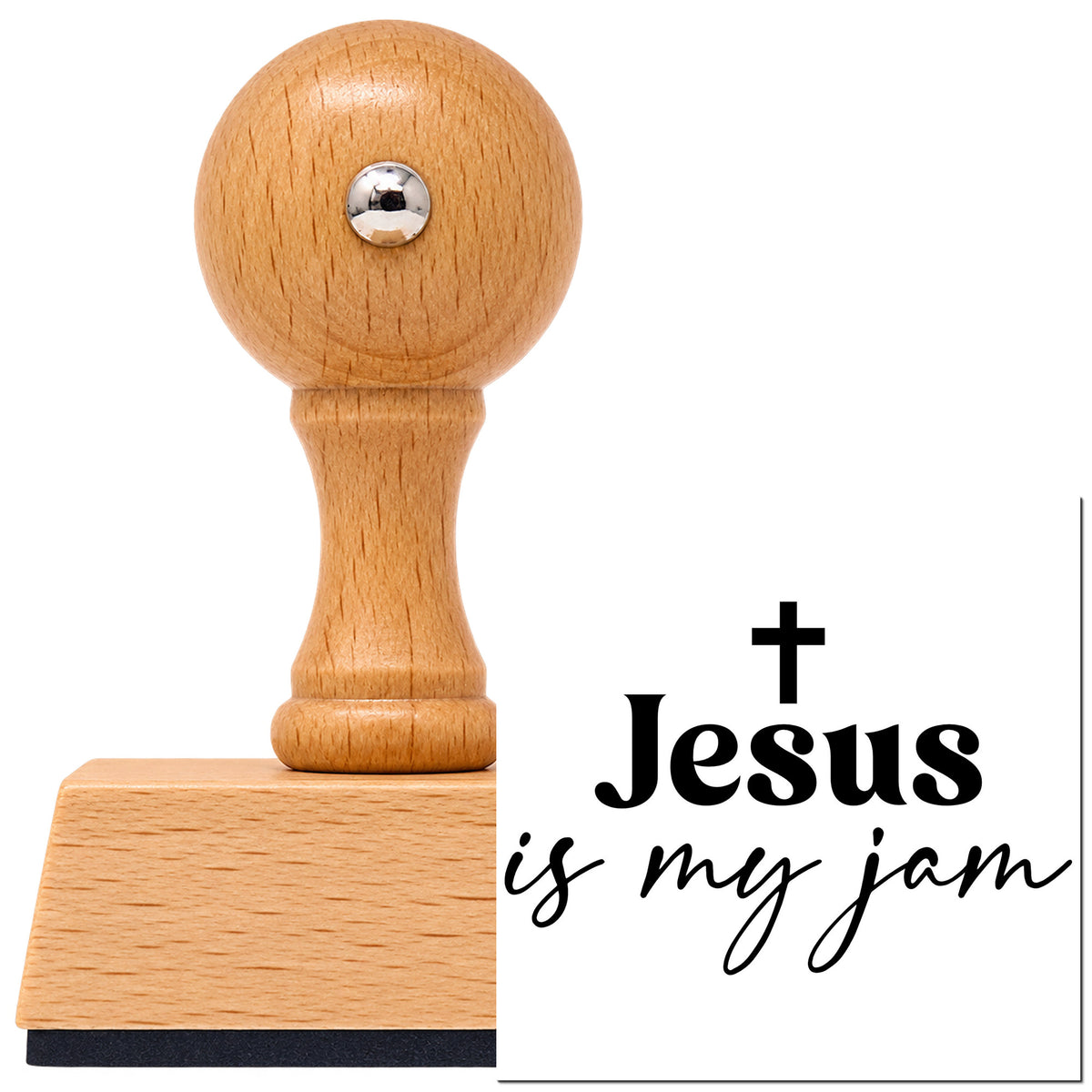 Vintage Pro beech wood stamp with a round knob handle, shown with its black Jesus Is My Jam Script Lettering imprint on white.