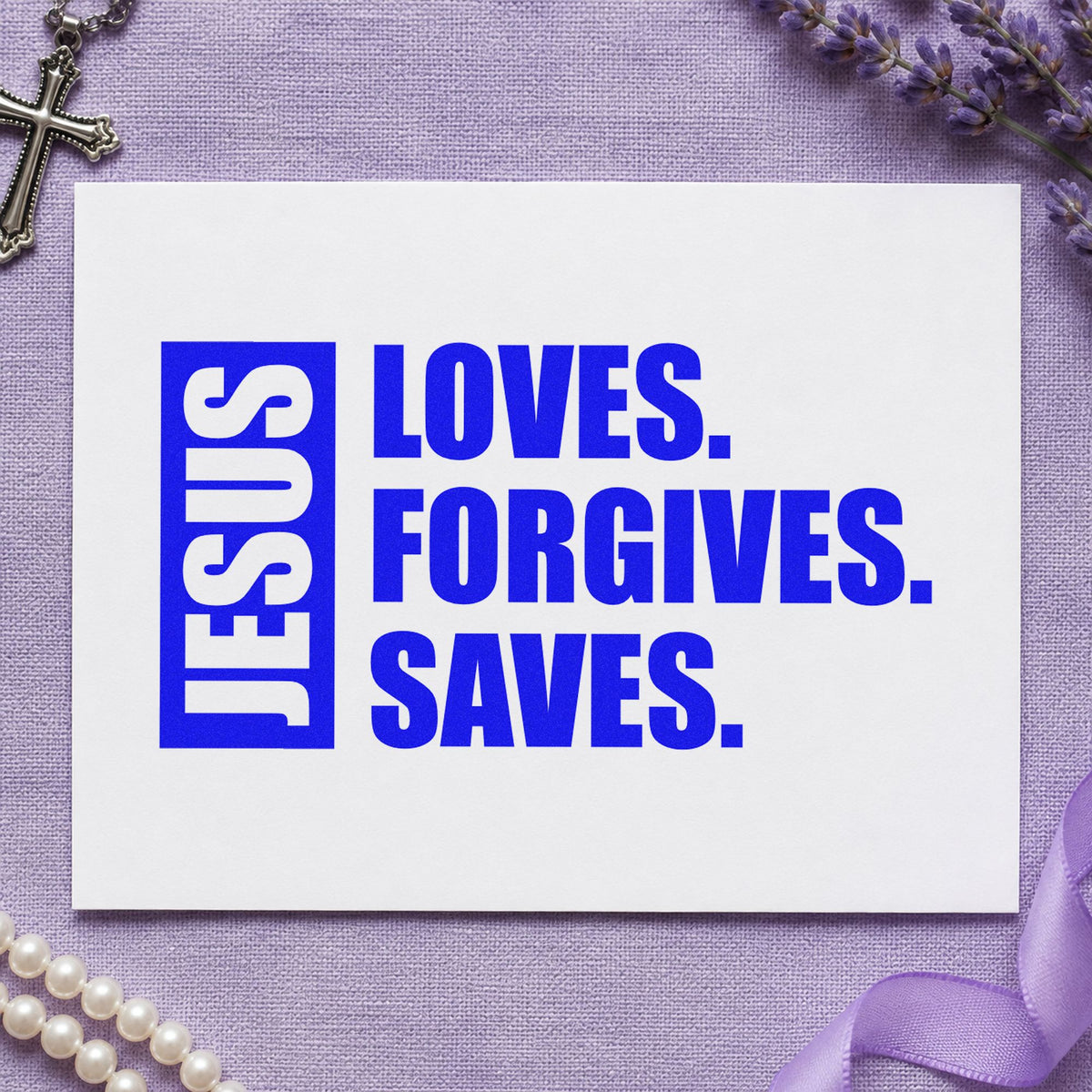 Jesus Loves Forgives Saves craft stamp imprinted in blue ink on paper, a design suited to easter program covers.