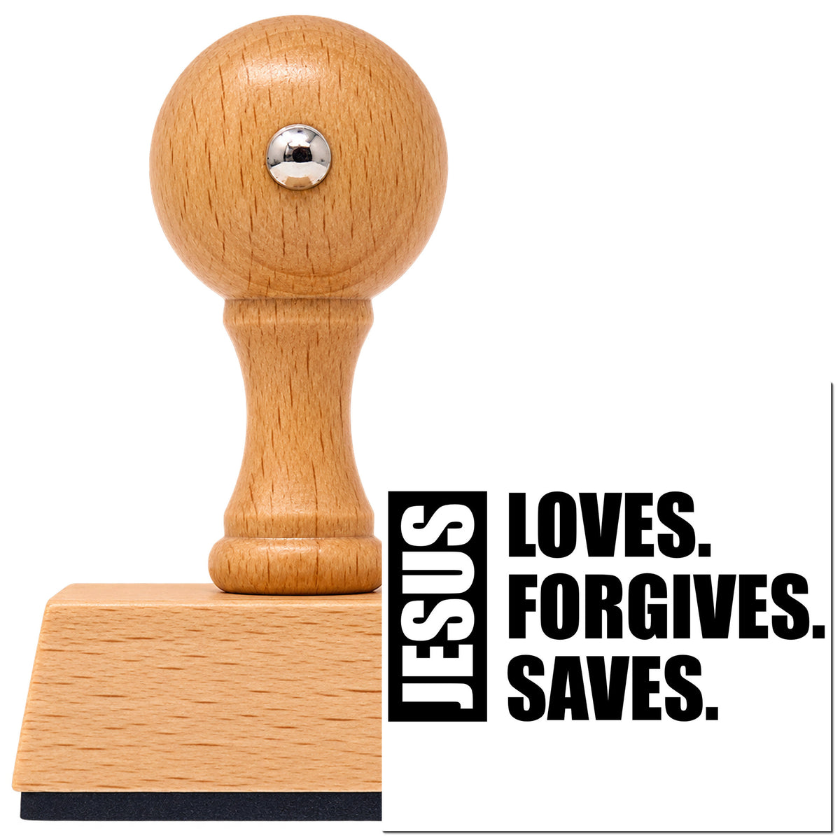 Vintage Pro beech wood stamp with a round knob handle, shown with its black Jesus Loves Forgives Saves imprint on white.