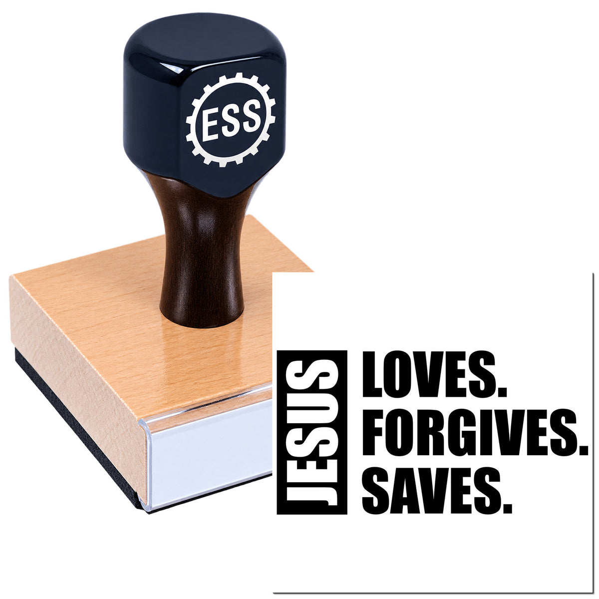 Dark blue ESS seal stamp on a pink and white base with "Jesus loves, forgives, saves" slogan.